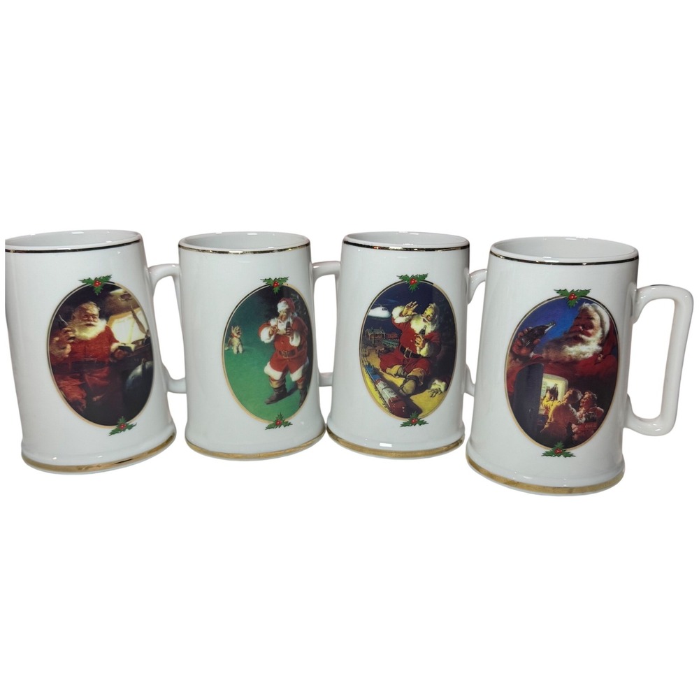 Coca Cola Haddon Sundblom Santa Christmas Mugs Set 4 Ceramic Gold Trim Vintage